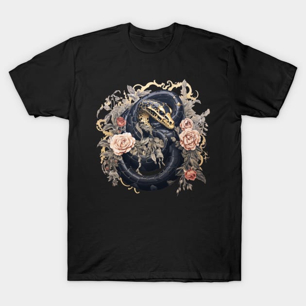 Snake And Roses Black And Gold T-Shirt by Nightarcade